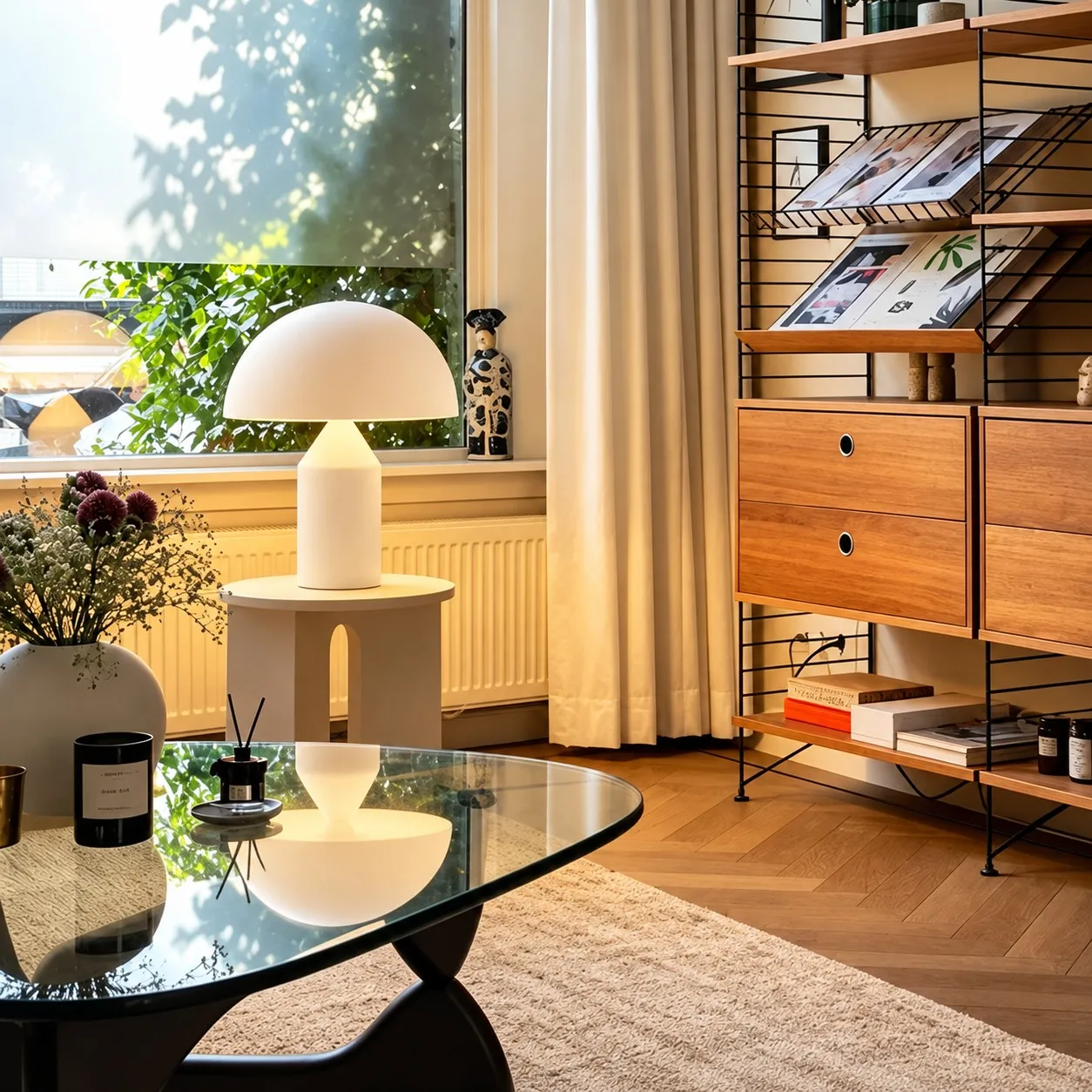 Matte white mushroom table lamp beside a window