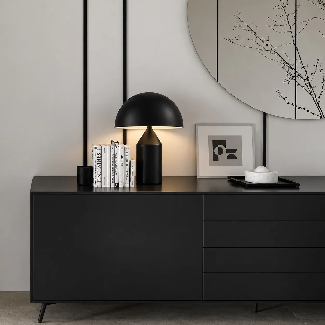 Matte black mushroom table lamp on a black sideboard