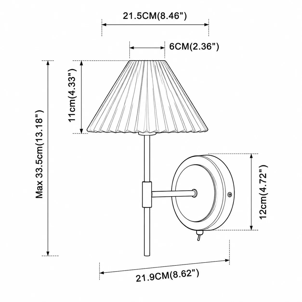Dimension drawing of the pleated linen wall light
