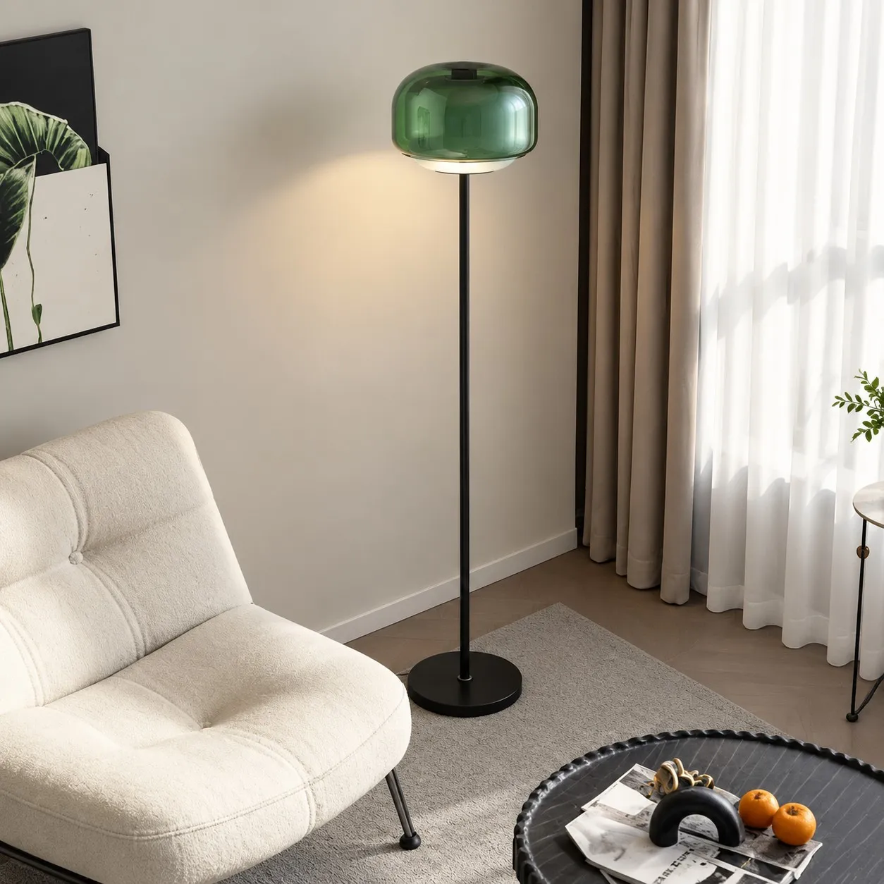 Gray Green floor lamp beside a chair