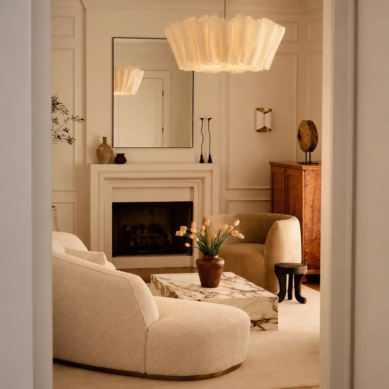 Pleated linen pendant in a living room