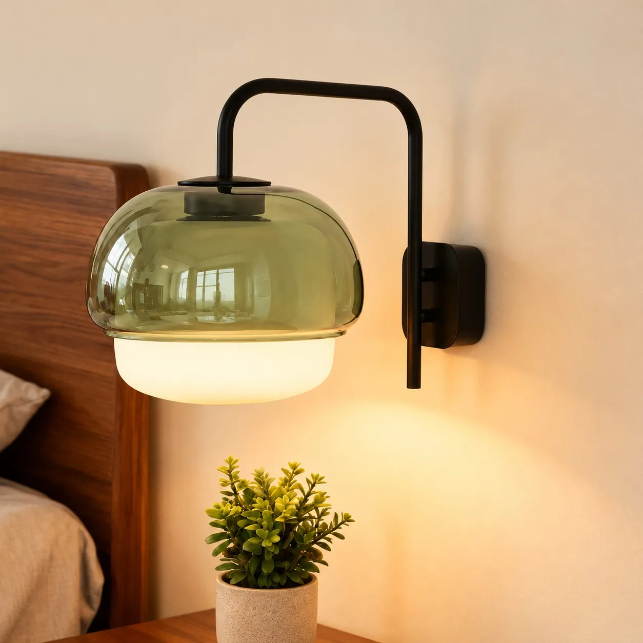 Green sconce above a bedside plant