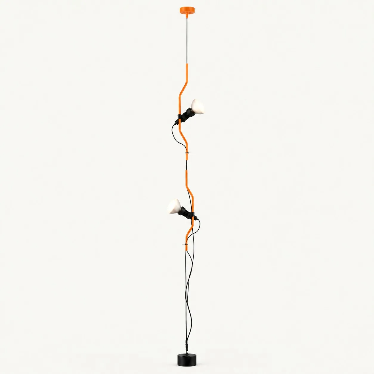 Orange ceiling-to-floor lamp with two heads