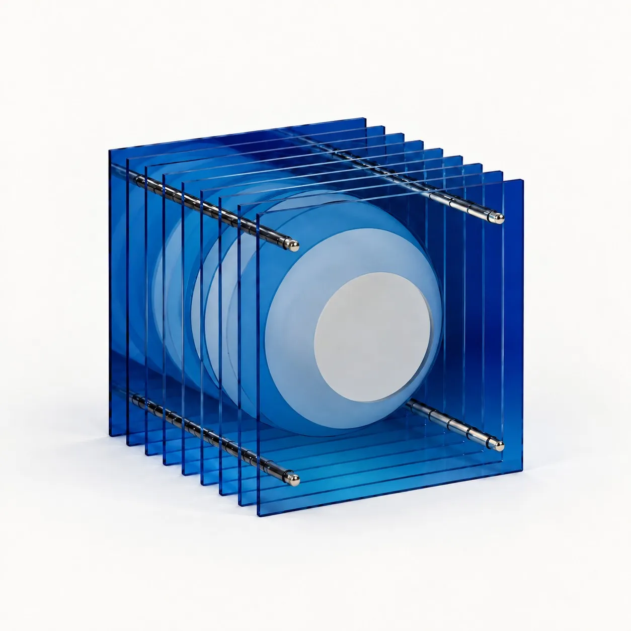 Blue acrylic cube lamp, unlit