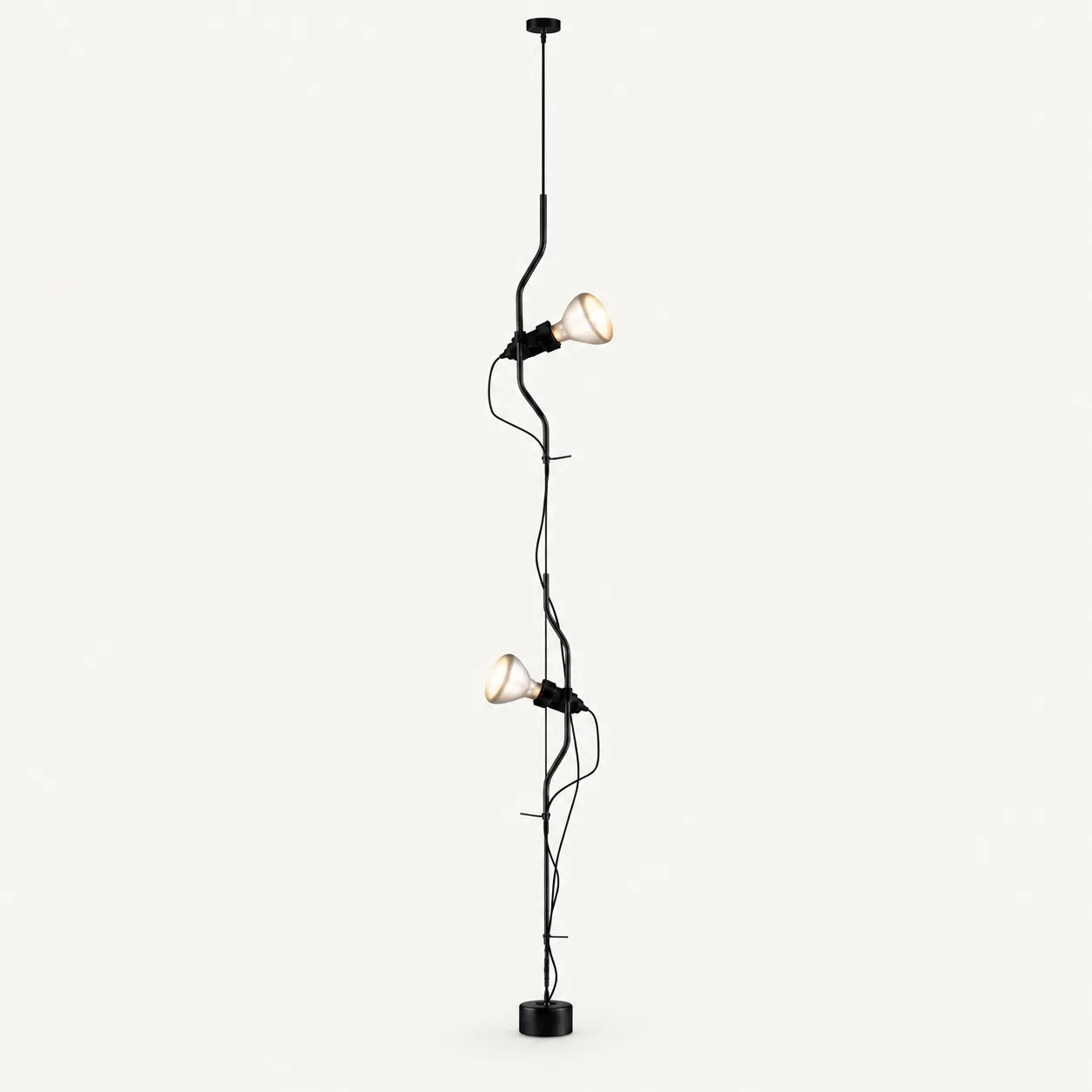 Black ceiling-to-floor lamp with two heads