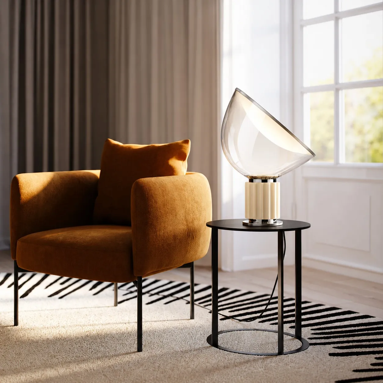 White glass bowl lamp on a side table beside an armchair