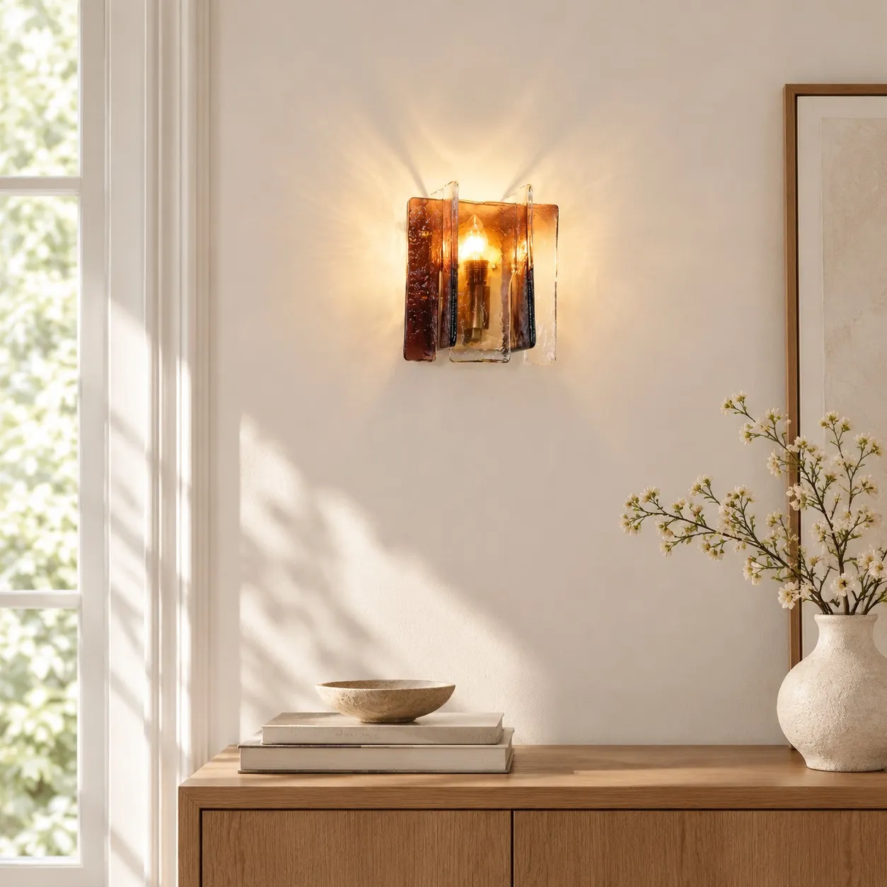 Cognac glass wall light above a wooden sideboard