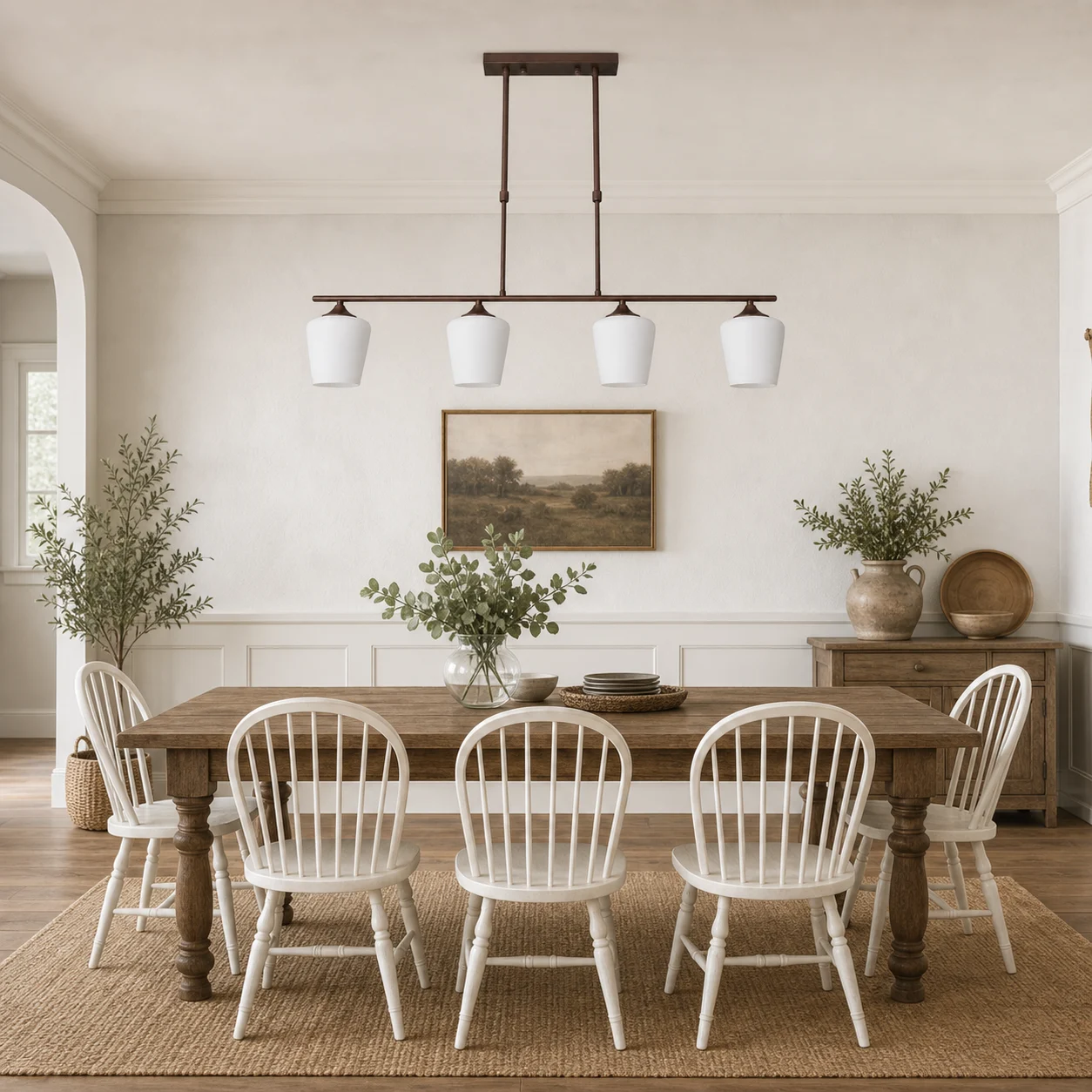 Lámpara Strellux marrón café sobre una mesa de comedor farmhouse