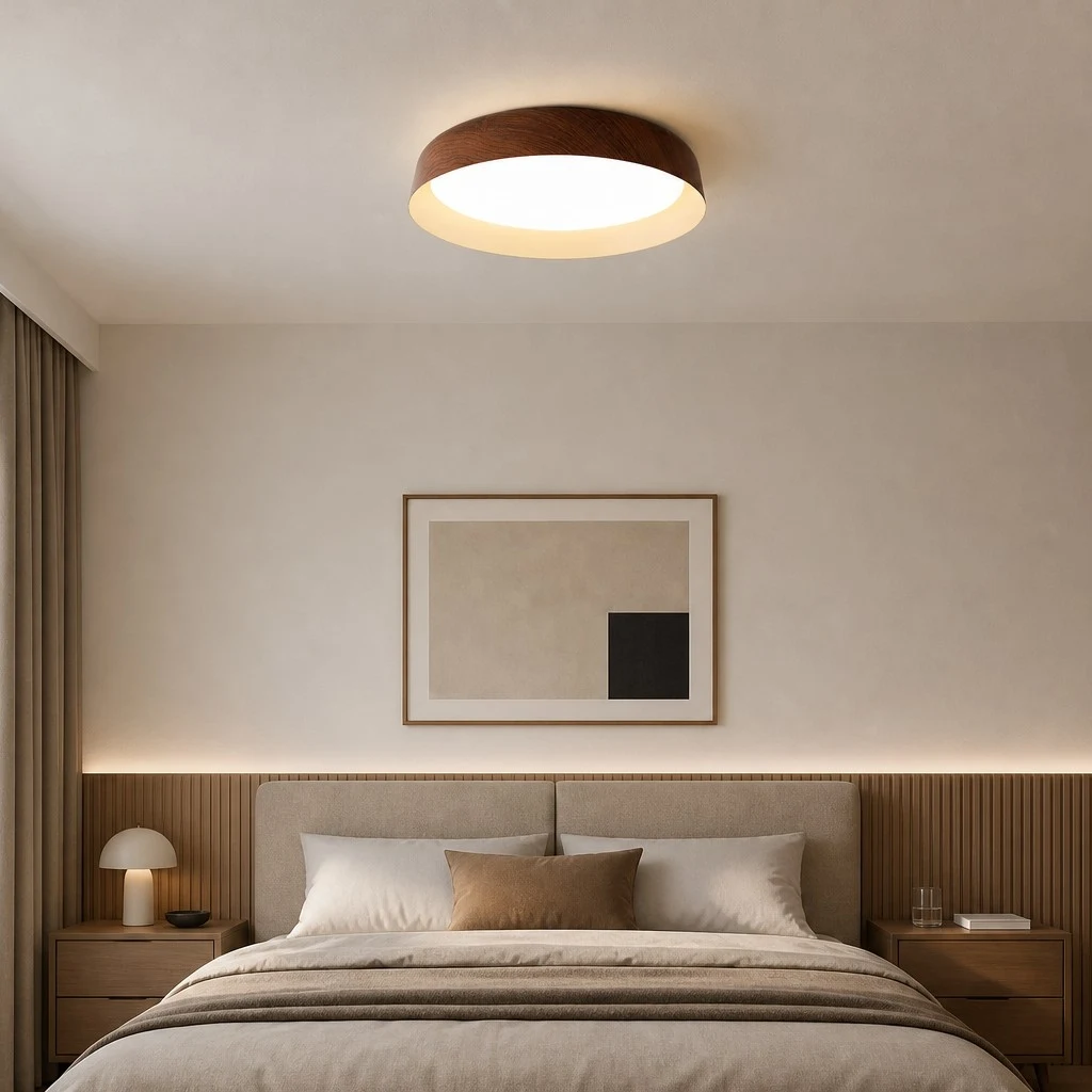 Ceiling light above a bed in a warm bedroom scene