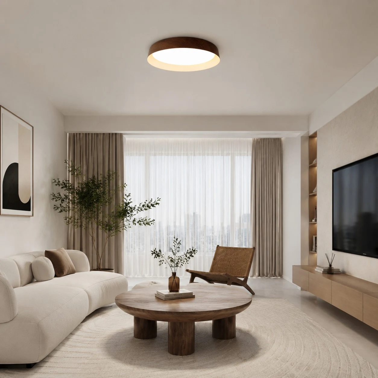 Complete wood color flush mount ceiling light in a calm living room