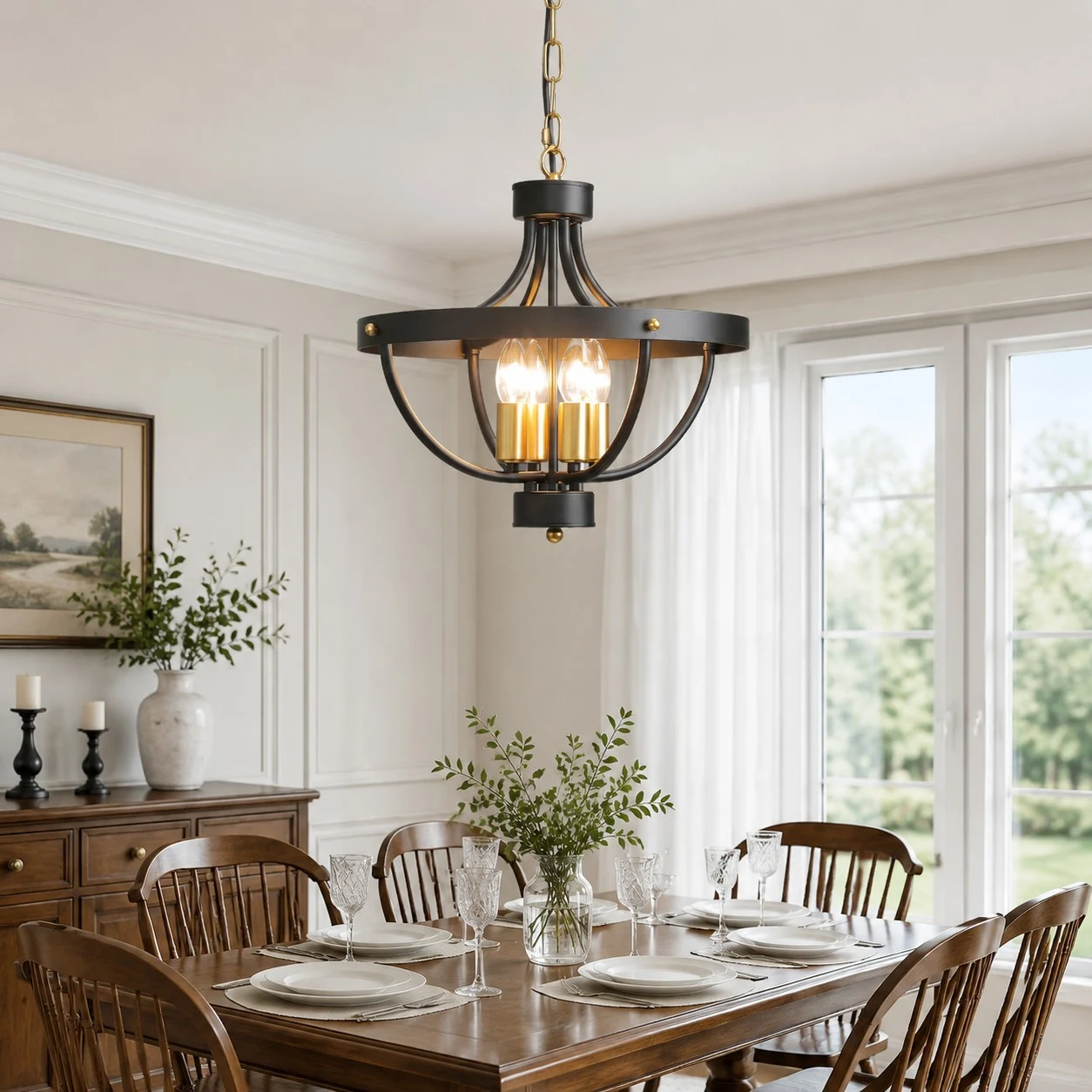 Vintage chandelier over a dining table
